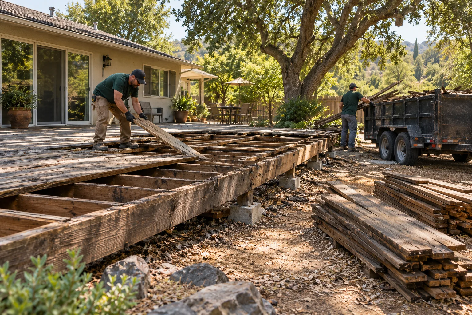 Crew organizing removable structure materials for haul-away